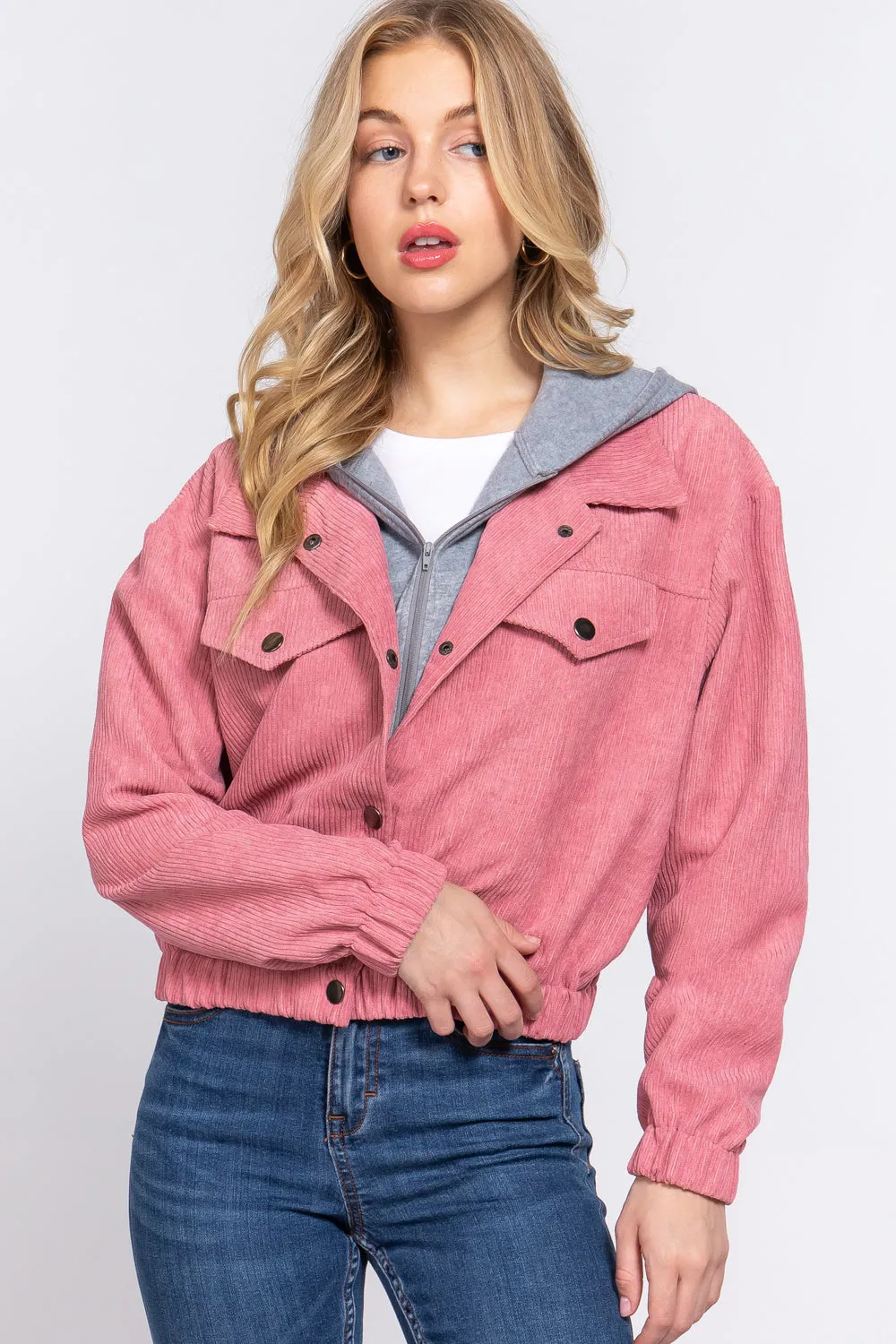 Long Slv Hooded Corduroy Jacket - 5 colors