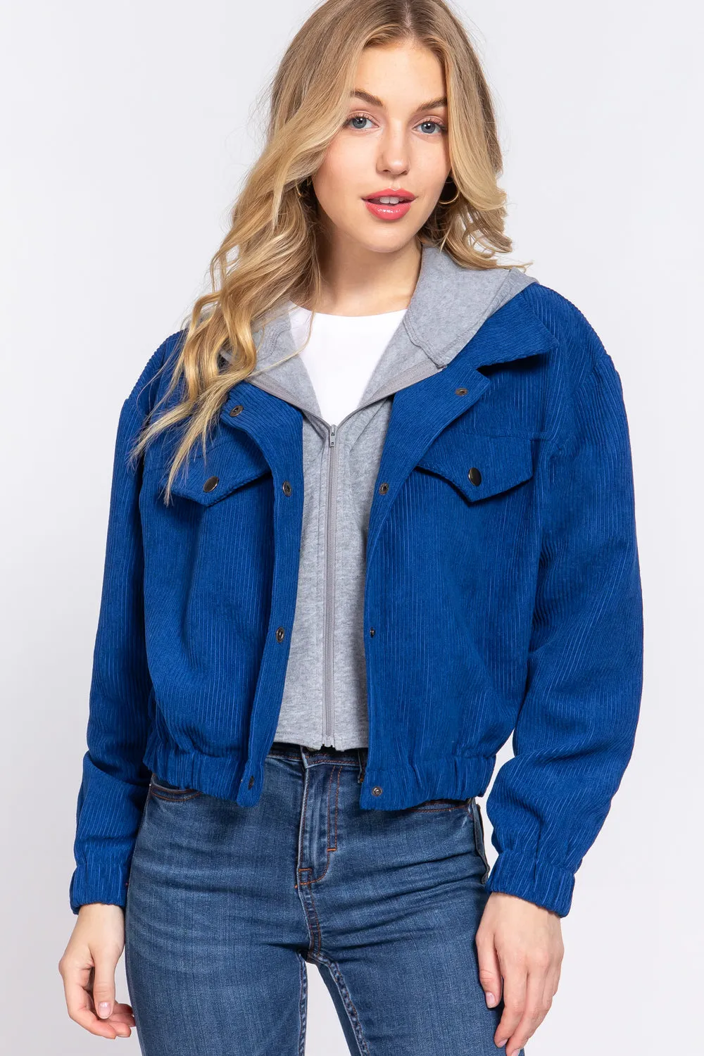 Long Slv Hooded Corduroy Jacket - 5 colors