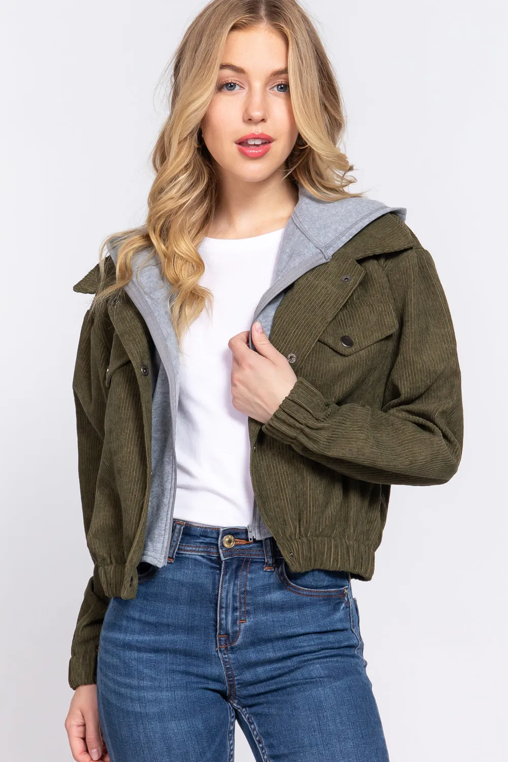 Long Slv Hooded Corduroy Jacket - 5 colors