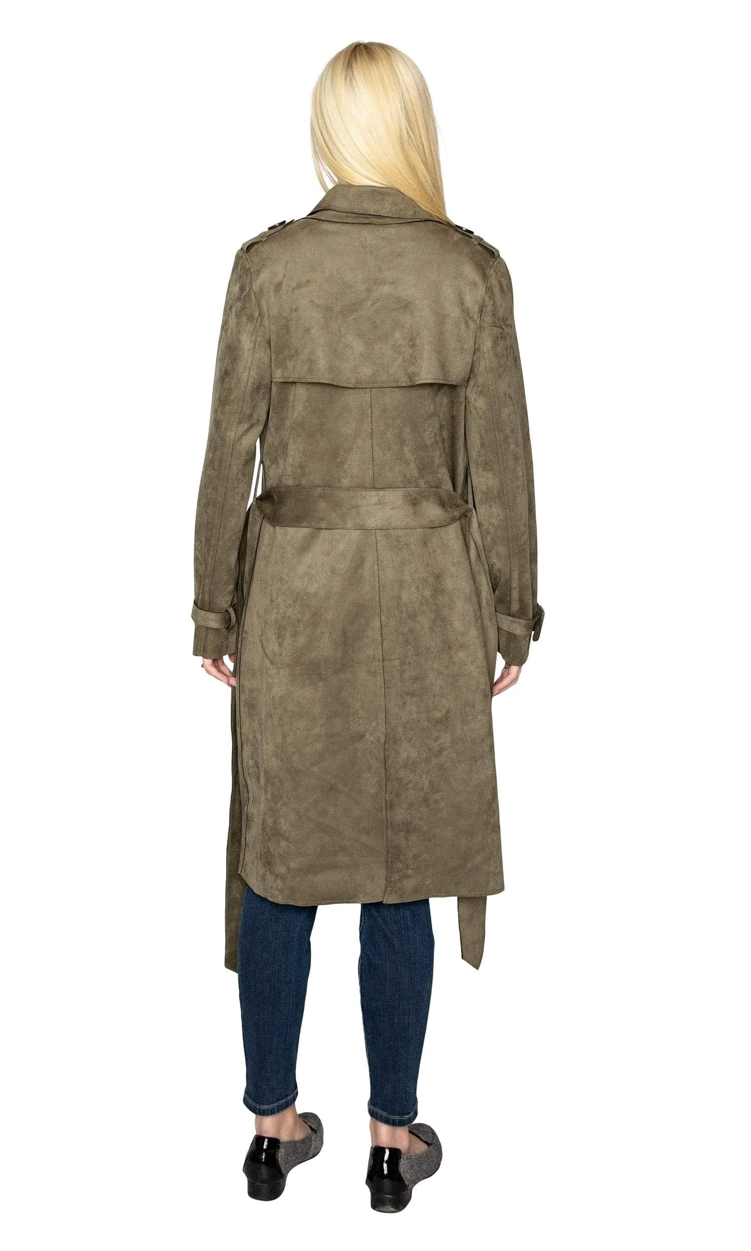 Love Token Adrianna Faux Suede Trench Coat - Olive