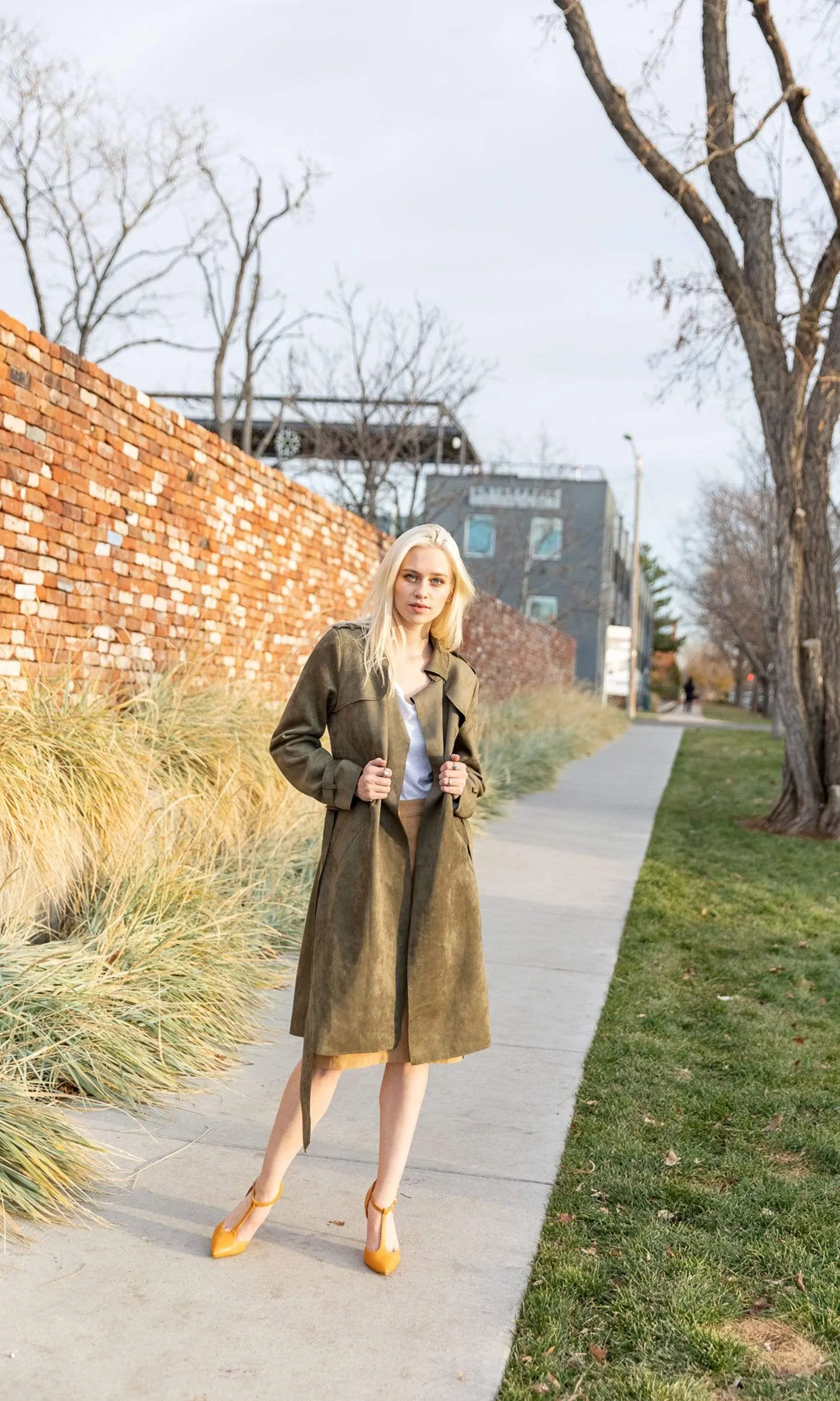 Love Token Adrianna Faux Suede Trench Coat - Olive