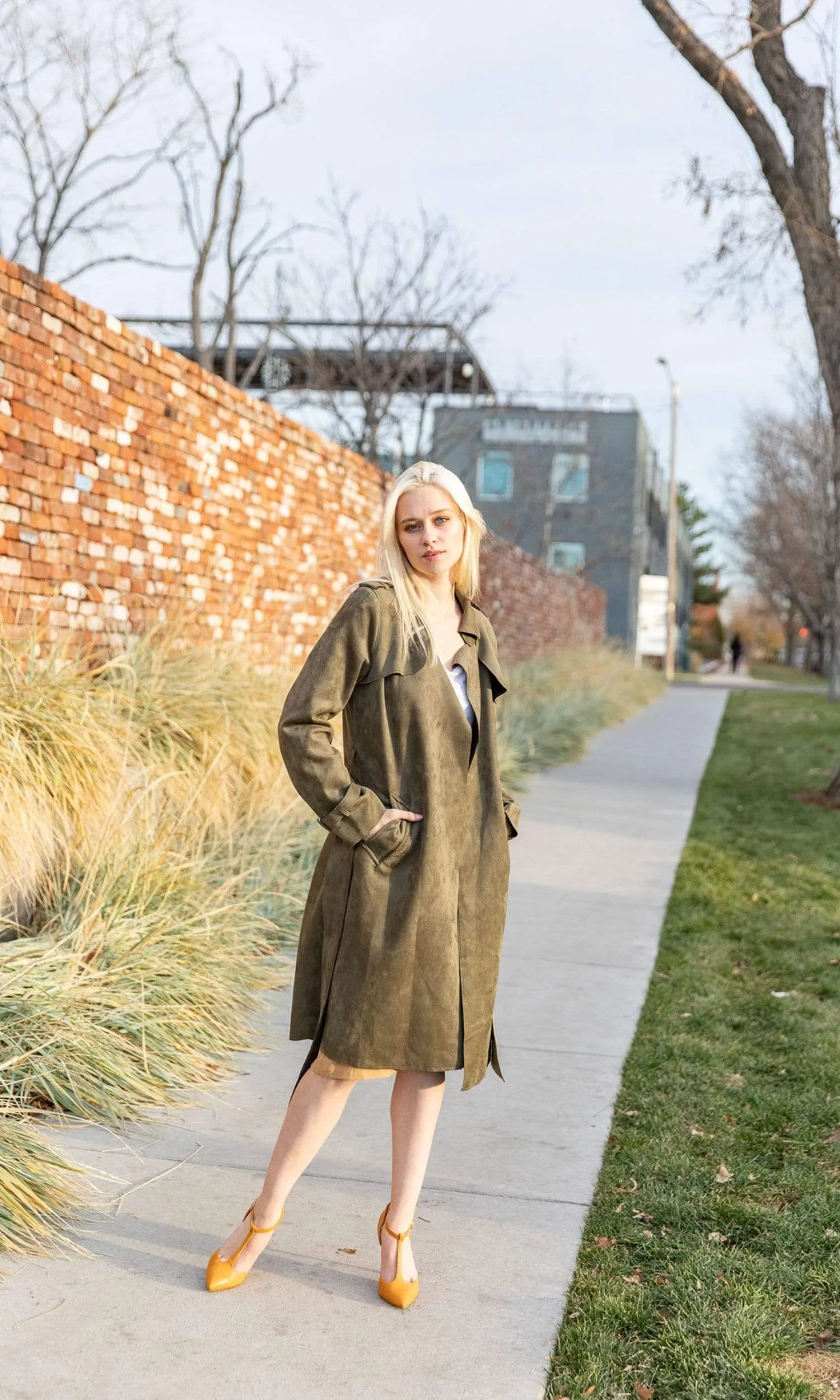 Love Token Adrianna Faux Suede Trench Coat - Olive