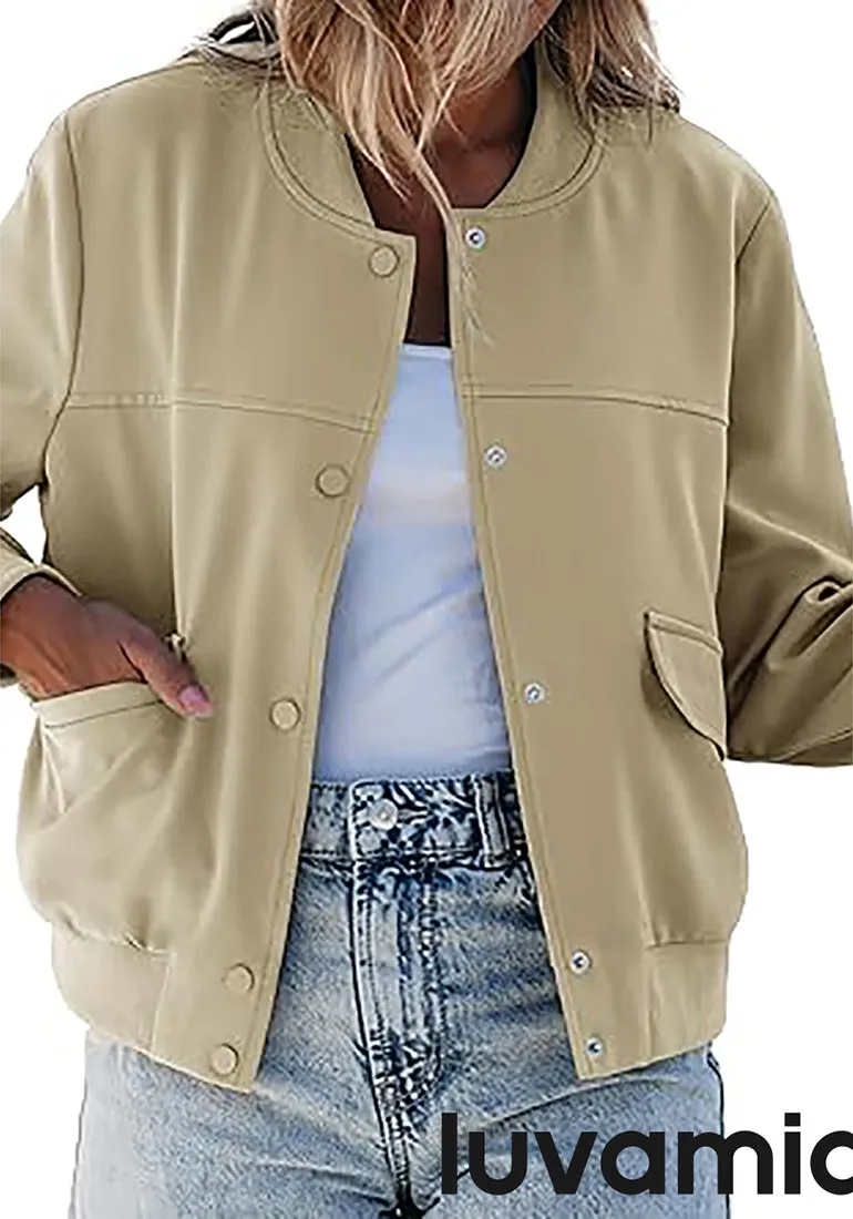 LUVAMIA Women's Casual Fully Buttoned Jackets Baseball Collar Front Pocket Moderate Fit Slight Stretch