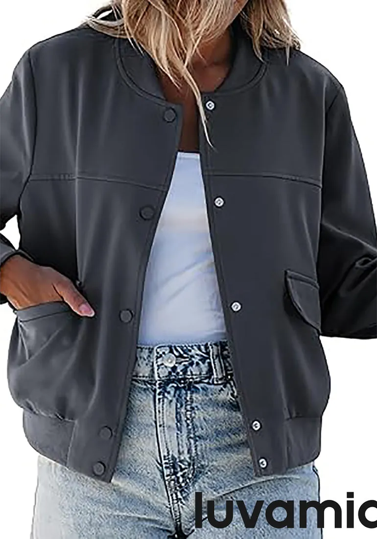 LUVAMIA Women's Casual Fully Buttoned Jackets Baseball Collar Front Pocket Moderate Fit Slight Stretch