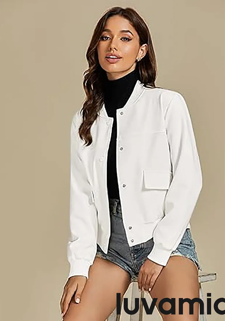 LUVAMIA Women's Casual Fully Buttoned Jackets Baseball Collar Front Pocket Moderate Fit Slight Stretch