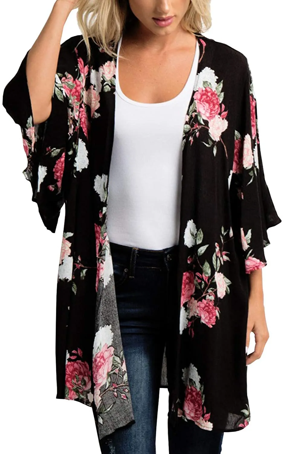 MayBuy Women's Flowy Summer Chiffon Kimono Cardigans Tops Boho Floral Beach Cover Ups Casual Loose Shirts