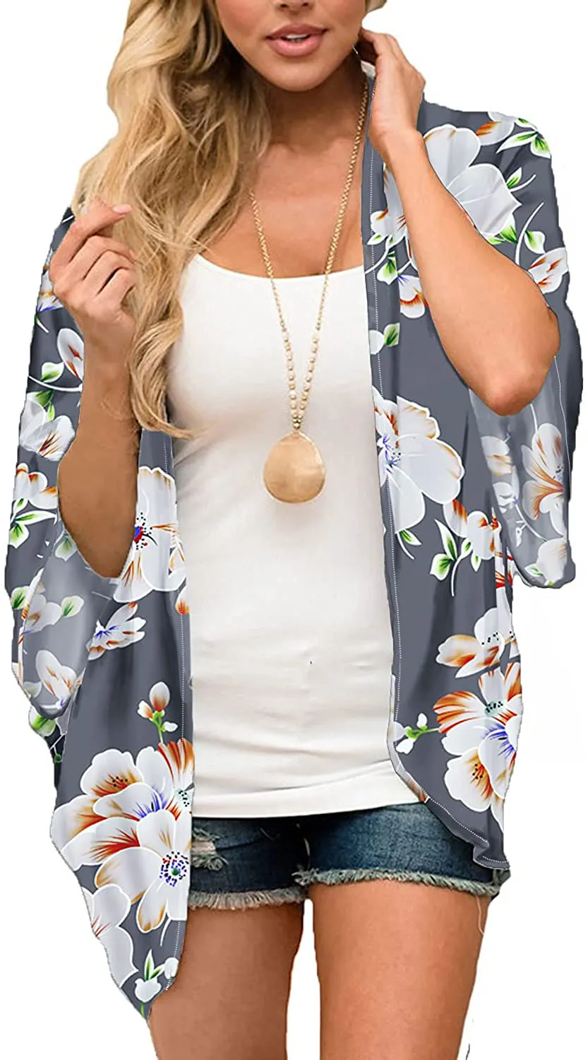 MayBuy Women's Flowy Summer Chiffon Kimono Cardigans Tops Boho Floral Beach Cover Ups Casual Loose Shirts