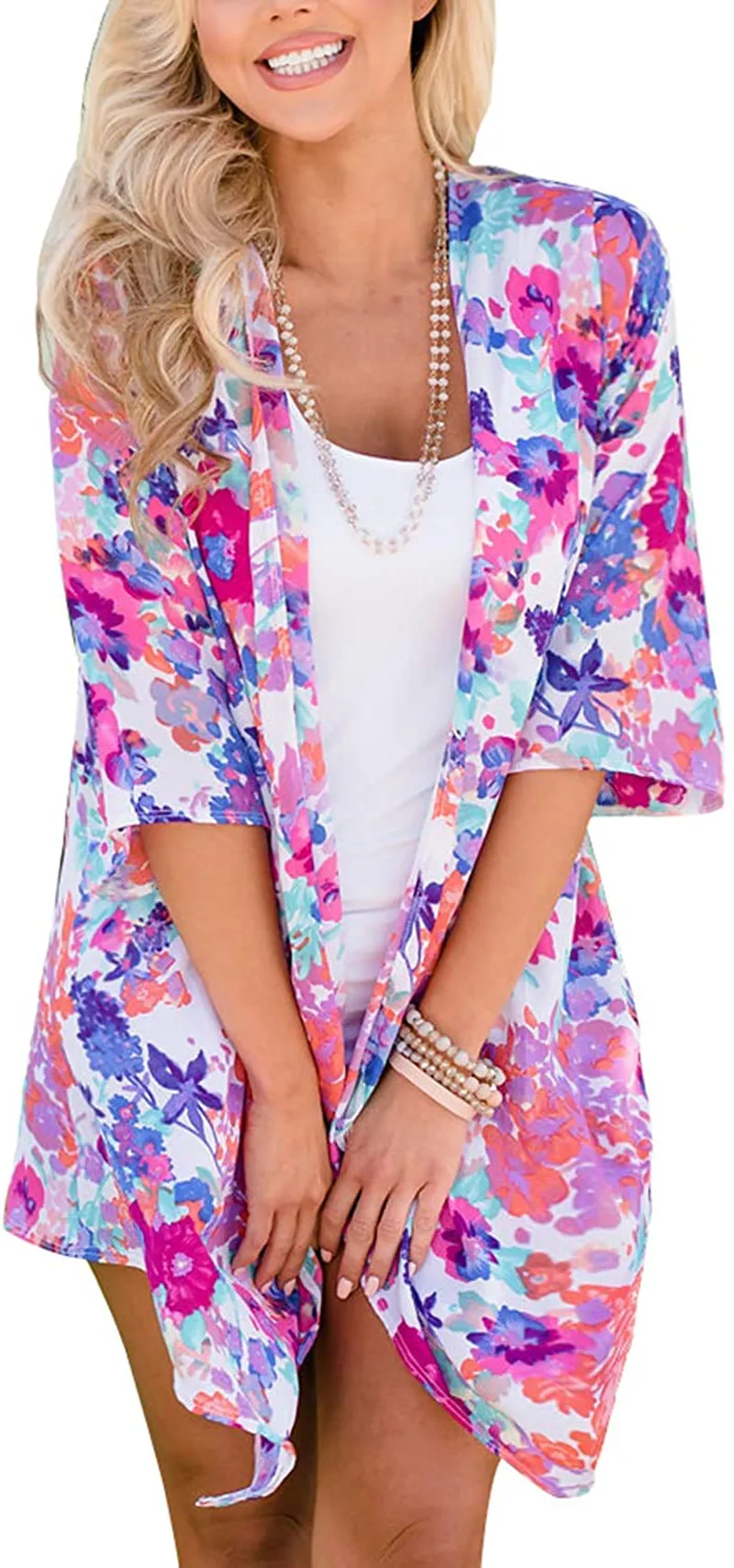 MayBuy Women's Flowy Summer Chiffon Kimono Cardigans Tops Boho Floral Beach Cover Ups Casual Loose Shirts