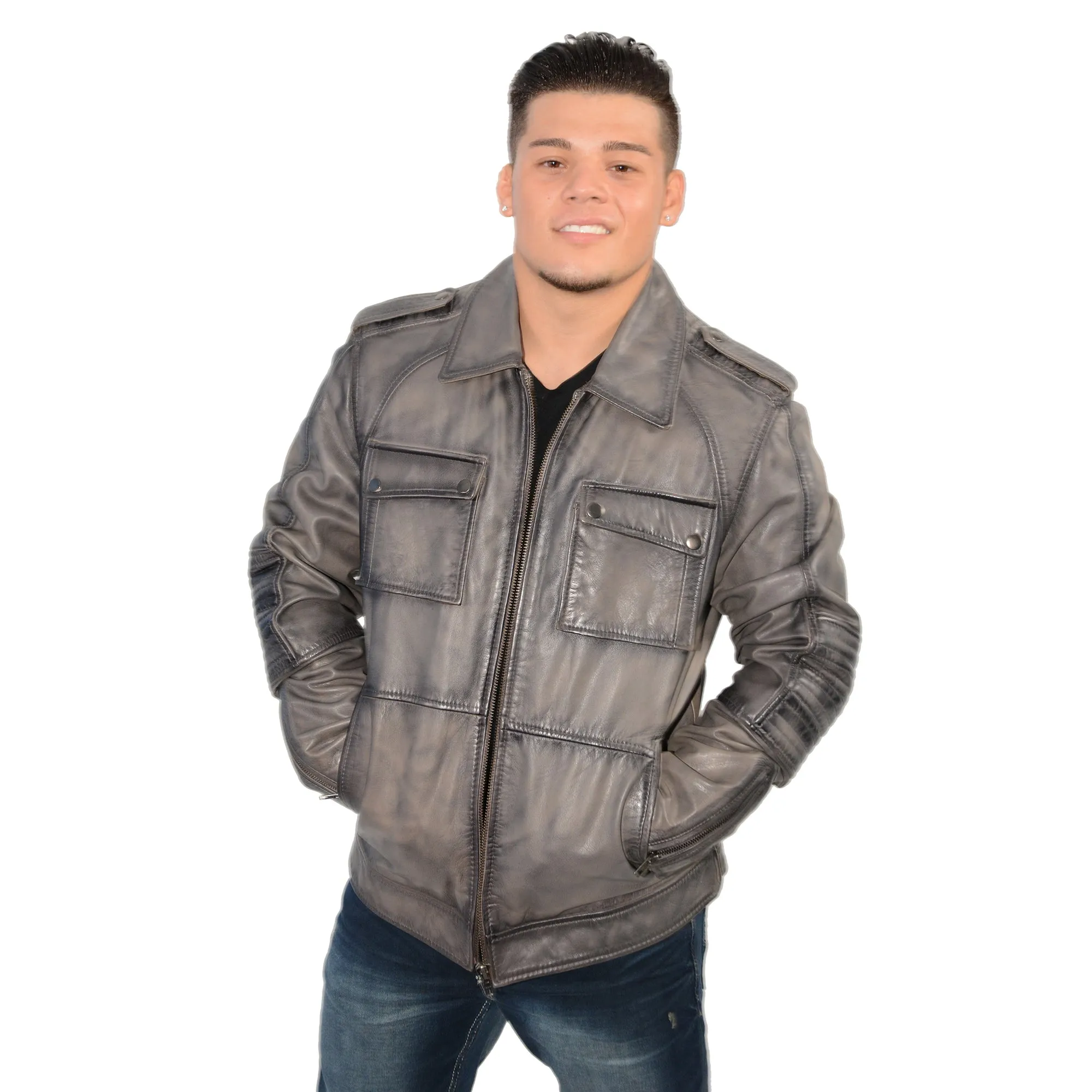 Men's 32 inch patch pocket jacket with shirt collar and padded elbows.