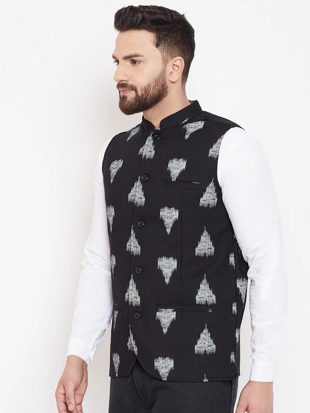 Men's Black Geometric Print Nehru Jacket  - Even Apparels