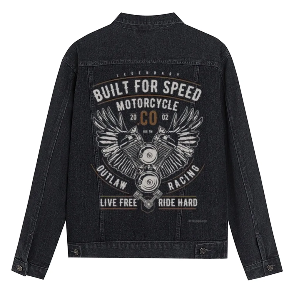 Mens BUILT FOR SPEED Motorcycle Graphic Button Up Denim Jacket