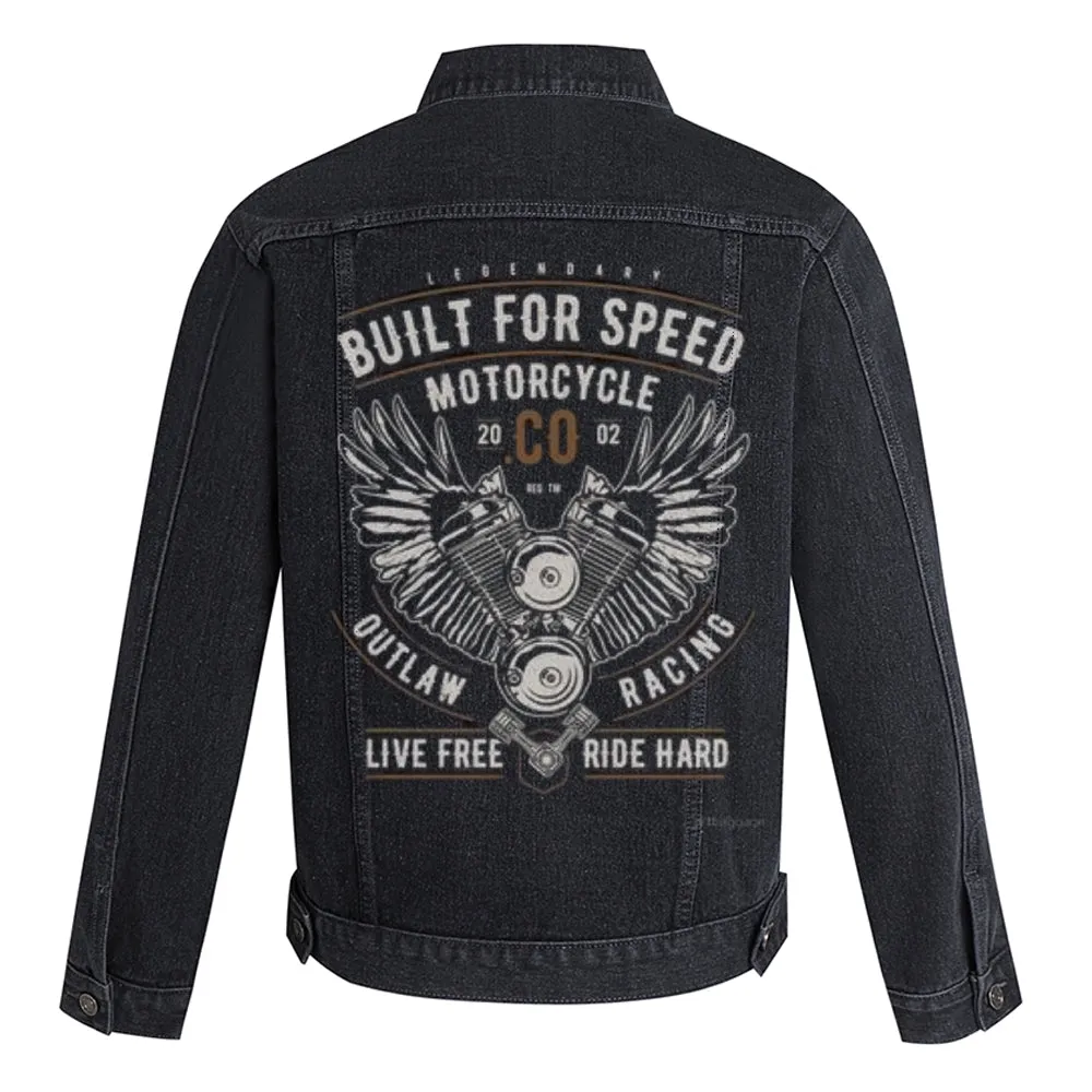 Mens BUILT FOR SPEED Motorcycle Graphic Button Up Denim Jacket