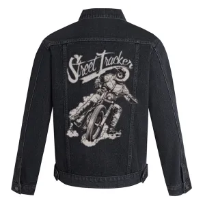 Mens Cool Motorcycle Graphic Button Up Denim Jacket