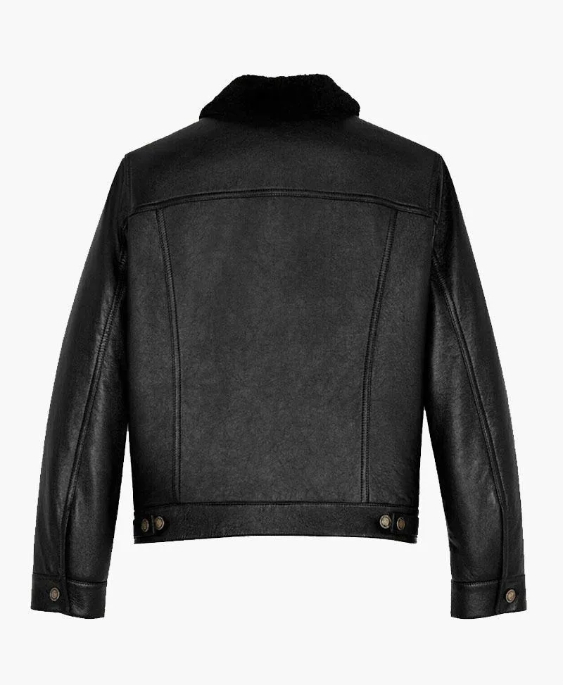 Men's Denim-Inspired Genuine Leather Jacket with Fur Trim