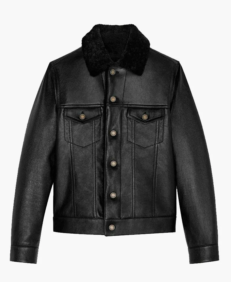 Men's Denim-Inspired Genuine Leather Jacket with Fur Trim