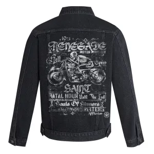 Mens Motorcycle Graphic Button Up Denim Jacket