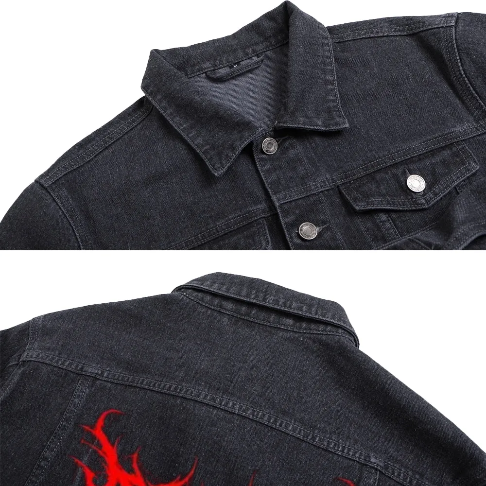 Mens Red Graphic Button Up Denim Jacket