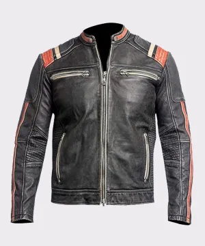 Mens Retro Vintage Cafe Racer Black Biker Real Leather Jacket