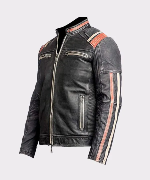 Mens Retro Vintage Cafe Racer Black Biker Real Leather Jacket