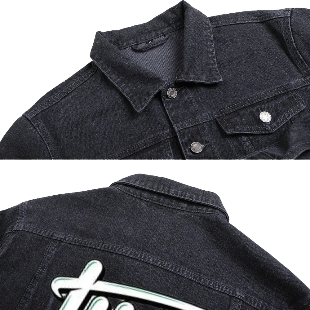 Mens TIME IS MONEY Graphic Button Up Denim Jacket