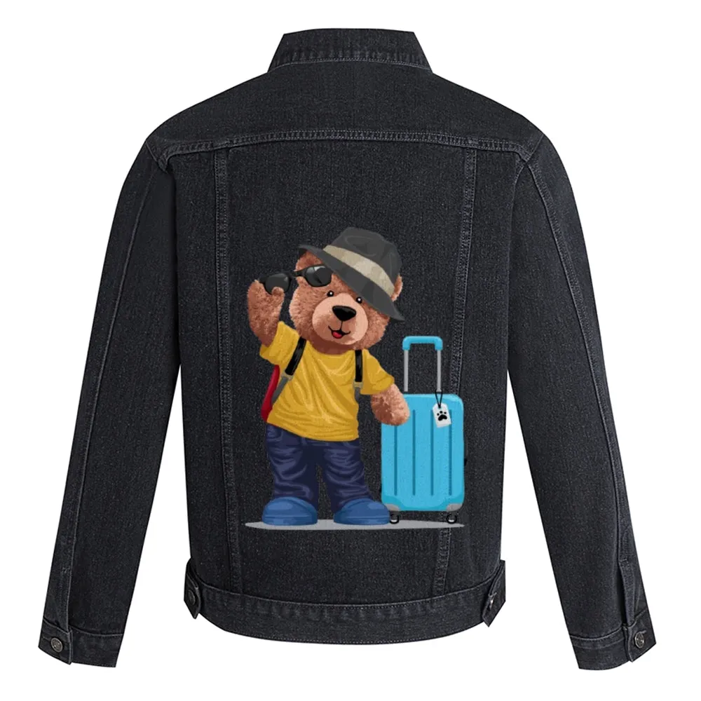 Mens Vintage Cartoon Cute Bear Blue Suitcase For Travel Prints Denim Jacket