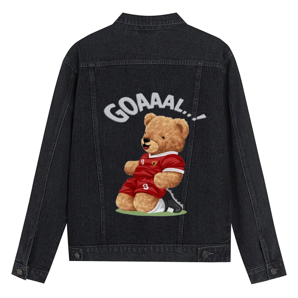 Mens Vintage Cartoon Cute Bear GOAAAL Prints Denim Jacket