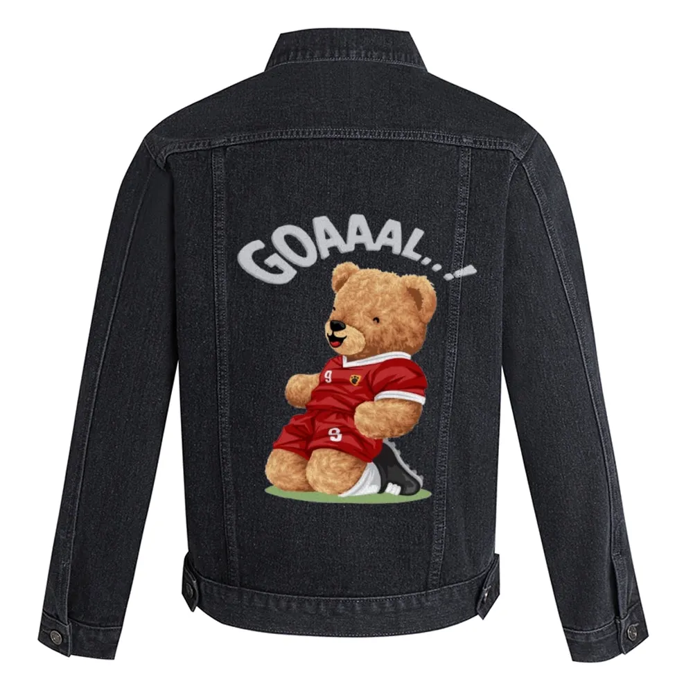 Mens Vintage Cartoon Cute Bear GOAAAL Prints Denim Jacket