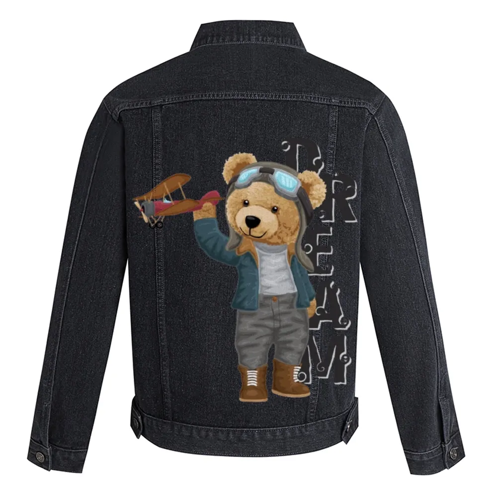 Mens Vintage Cartoon Cute Bear Pilot Prints Denim Jacket