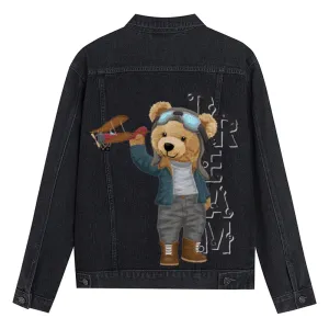 Mens Vintage Cartoon Cute Bear Pilot Prints Denim Jacket