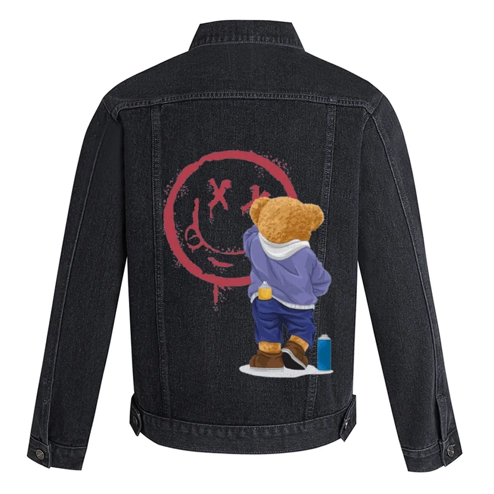 Mens Vintage Cartoon Cute Bear Prints Smiling Face Denim Jacket