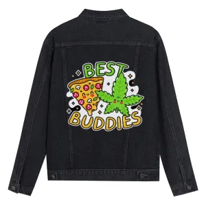 Mens Vintage Cartoon Prints BEST BUDDIES Denim Jacket