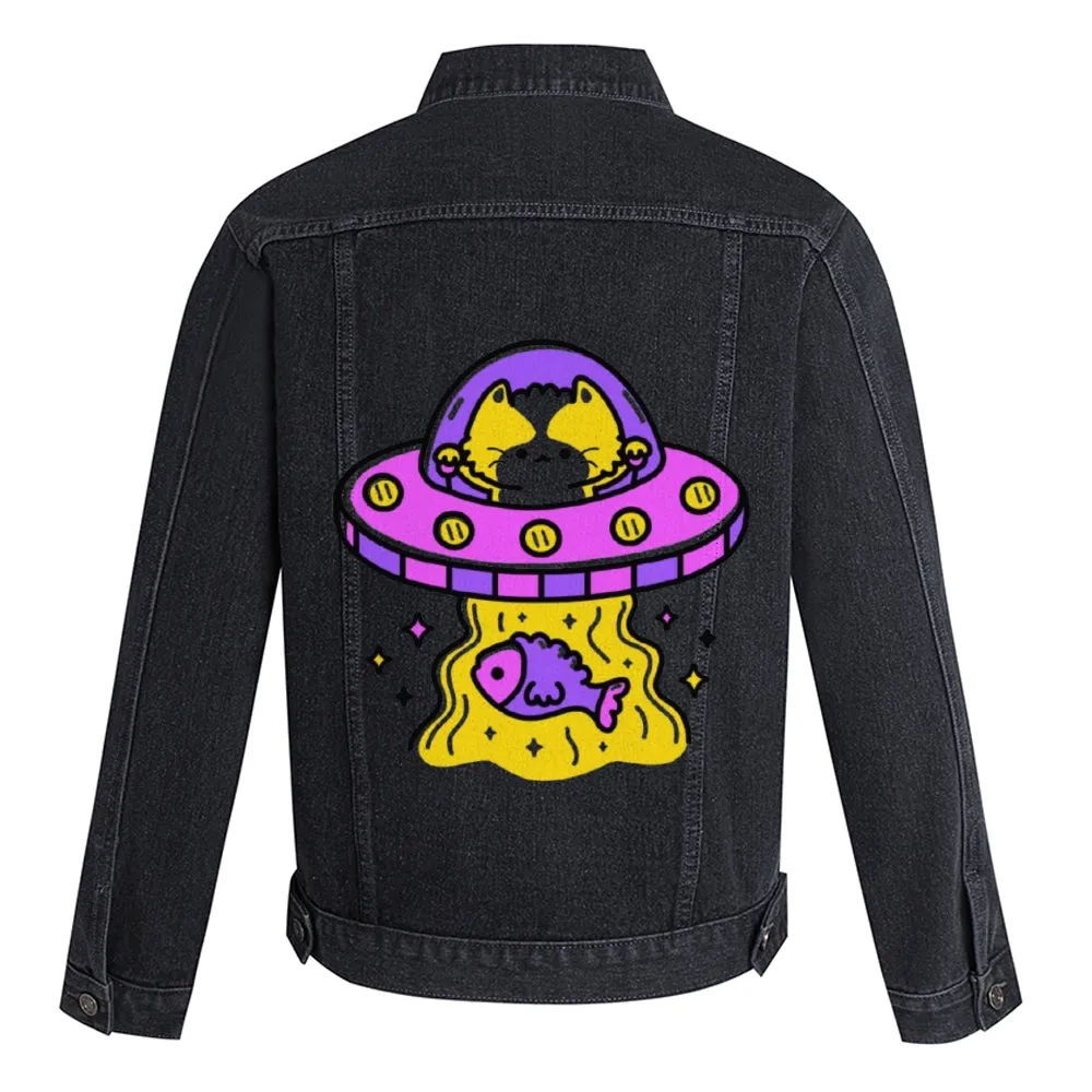 Mens Vintage Cartoon Prints Cat UFO Denim Jacket