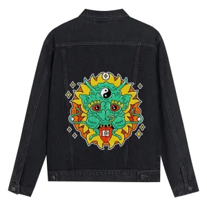 Mens Vintage Cartoon Prints Chinese Dragon Denim Jacket