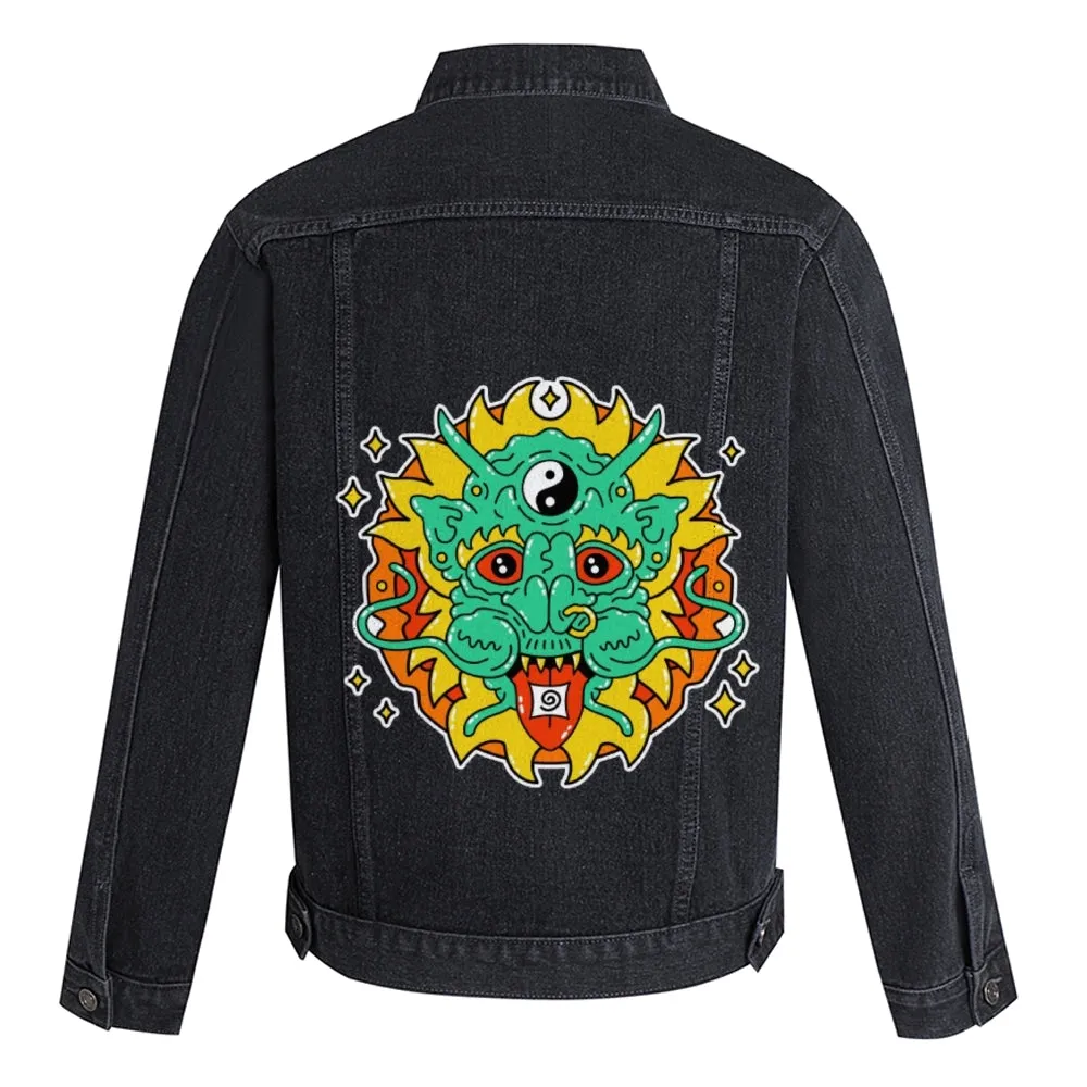 Mens Vintage Cartoon Prints Chinese Dragon Denim Jacket