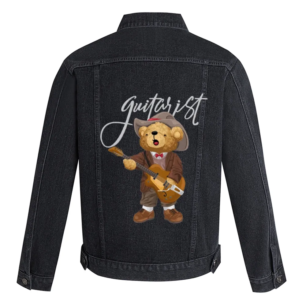 Mens Vintage Cartoon Prints Cute Bear Guitaist Denim Jacket