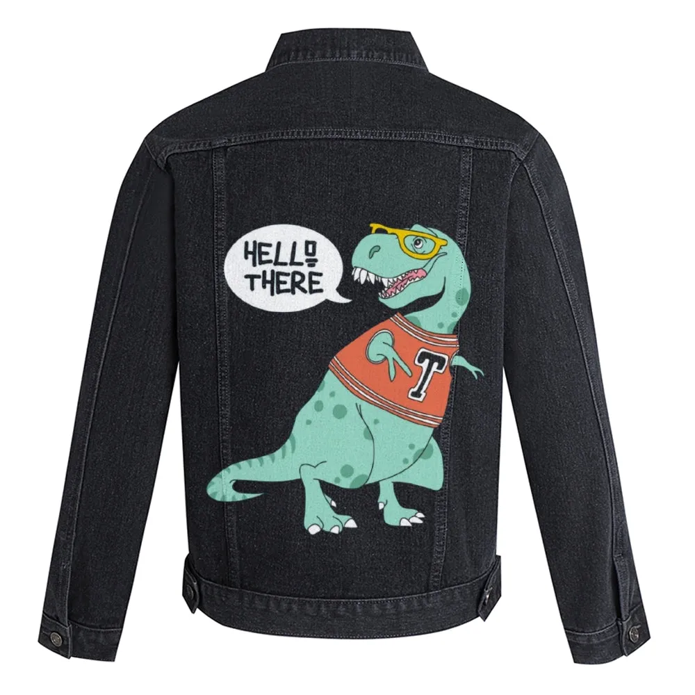 Mens Vintage Cartoon Prints Cute Green Dinosaur Denim Jacket