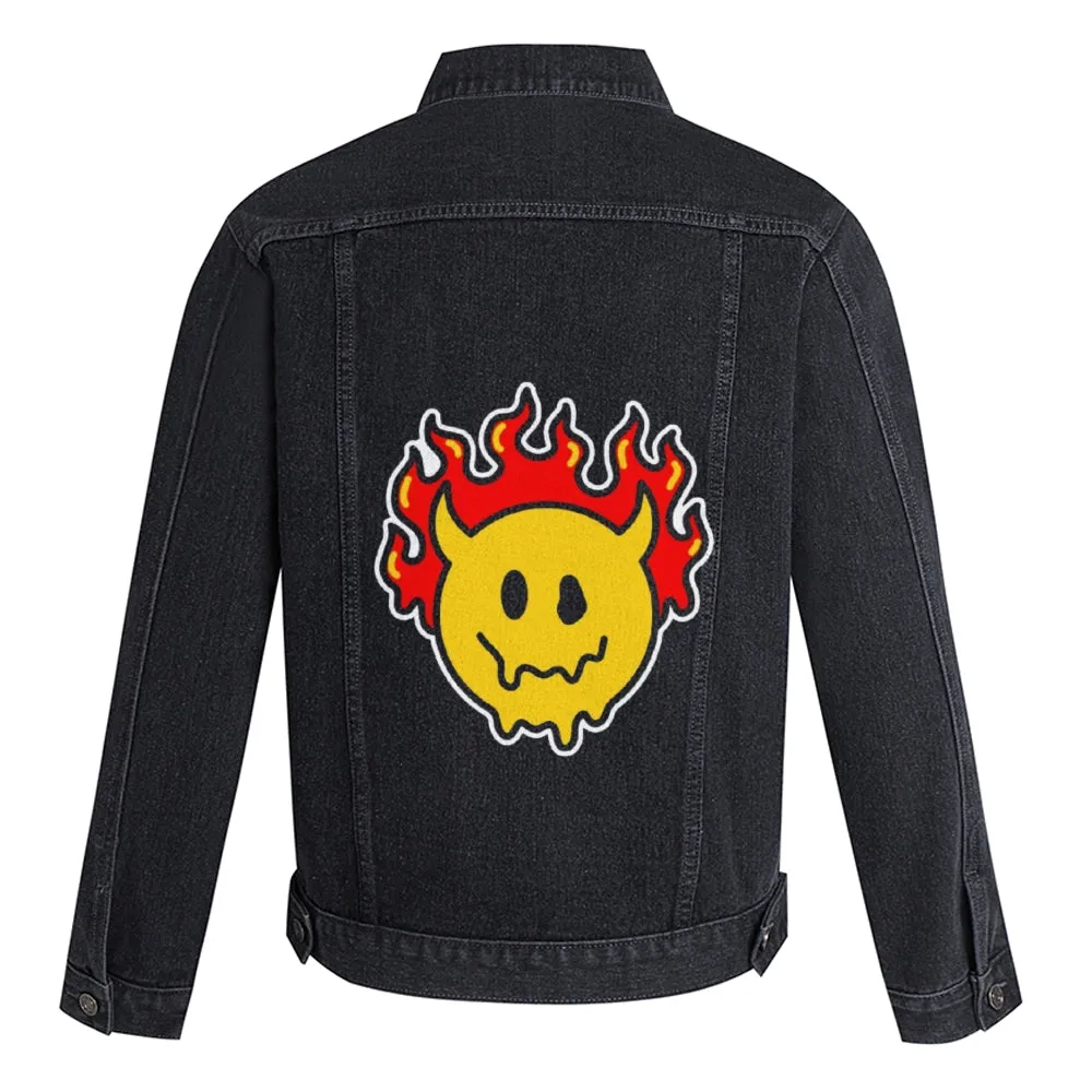 Mens Vintage Cartoon Prints Devil Smiley Face Denim Jacket