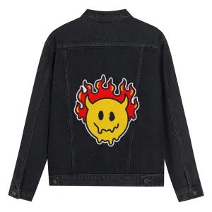 Mens Vintage Cartoon Prints Devil Smiley Face Denim Jacket