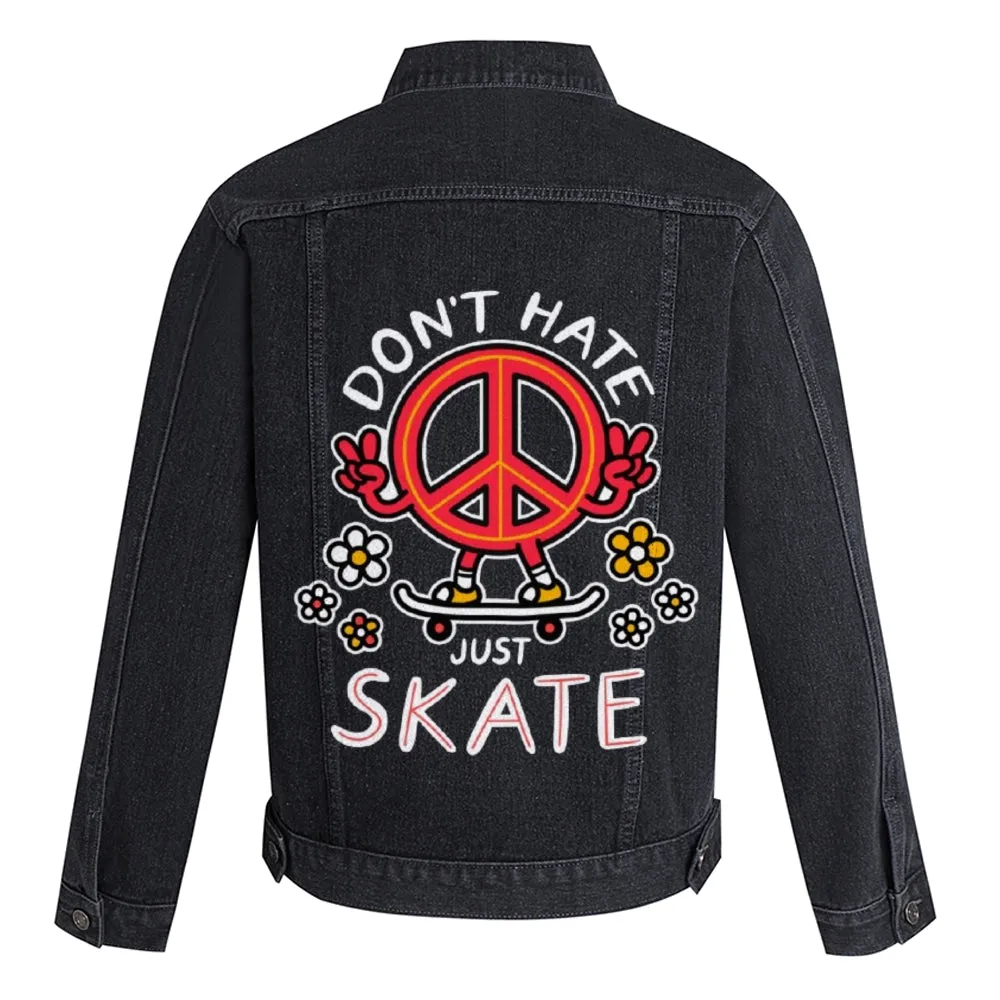 Mens Vintage Cartoon Prints DON'T HATE JUST SKATE Denim Jacket