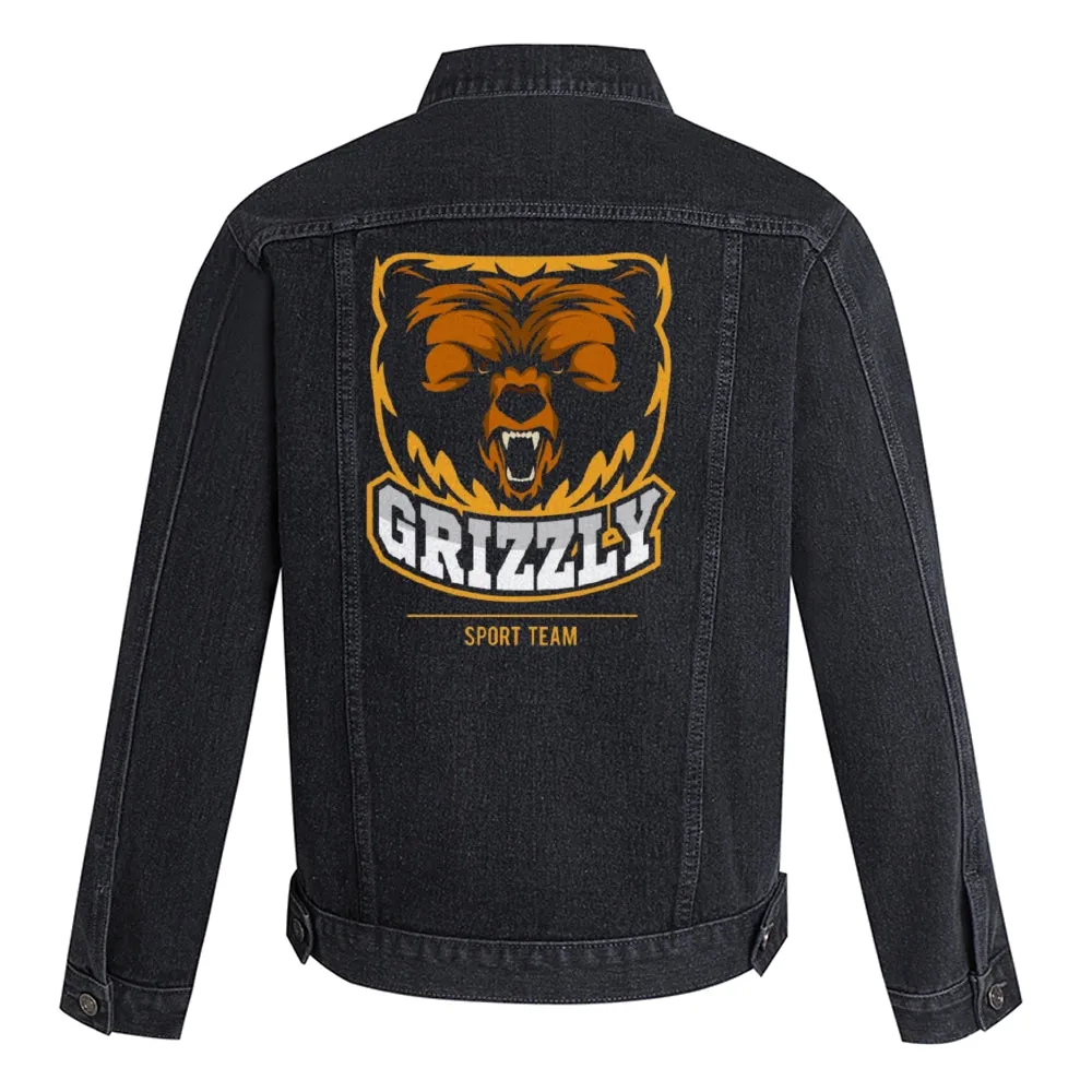 Mens Vintage Cartoon Prints GRIZZLY SPORT TEAM Denim Jacket