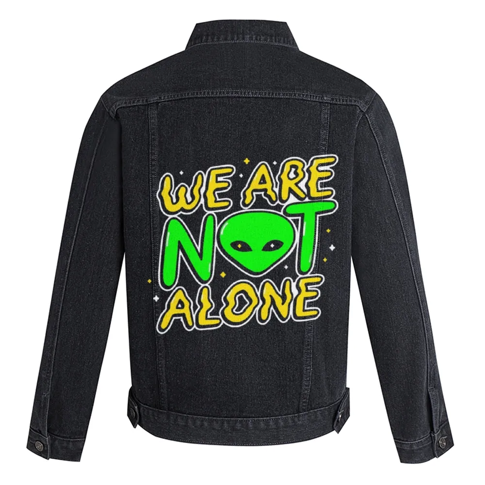 Mens Vintage Cartoon Prints We Are Not Alone Denim Jacket