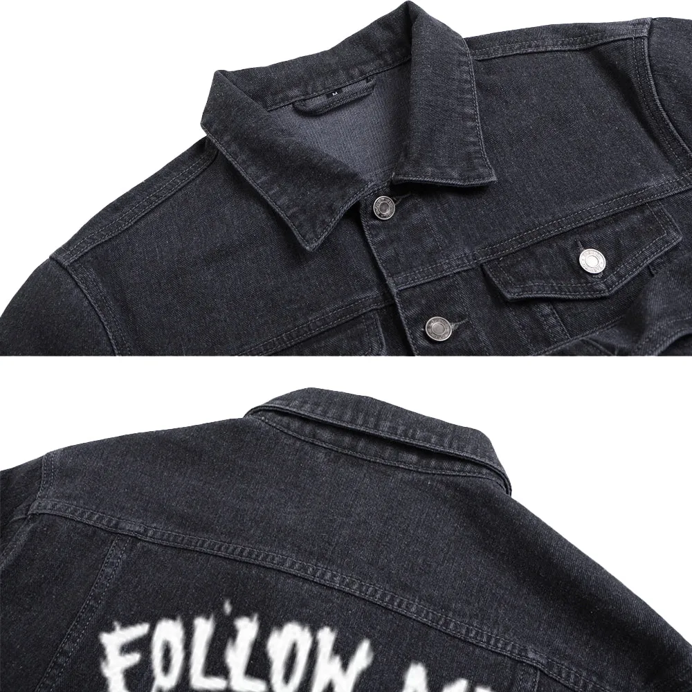 Mens Vintage FOLLOW ME TO HELL Graphic Denim Jacket