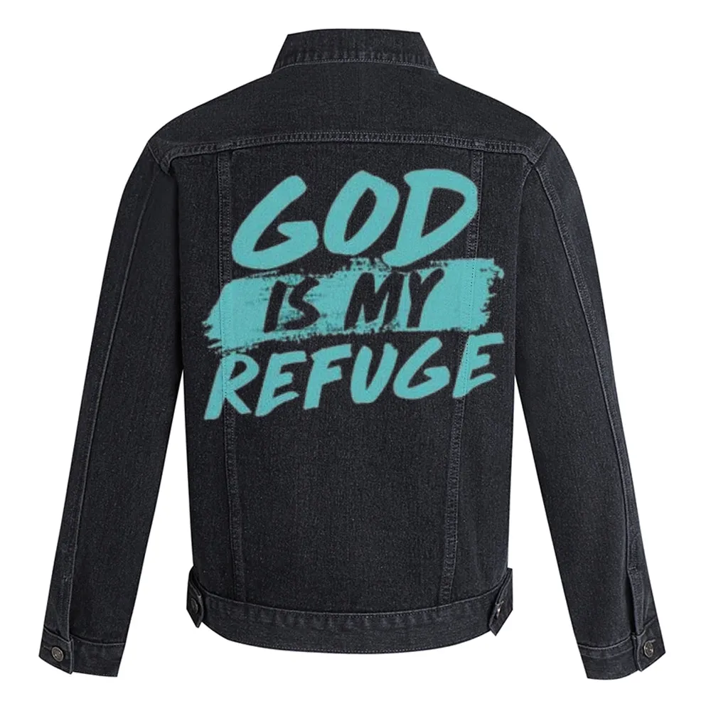 Mens Vintage GOD IS MY REFUGE Graphic Denim Jacket