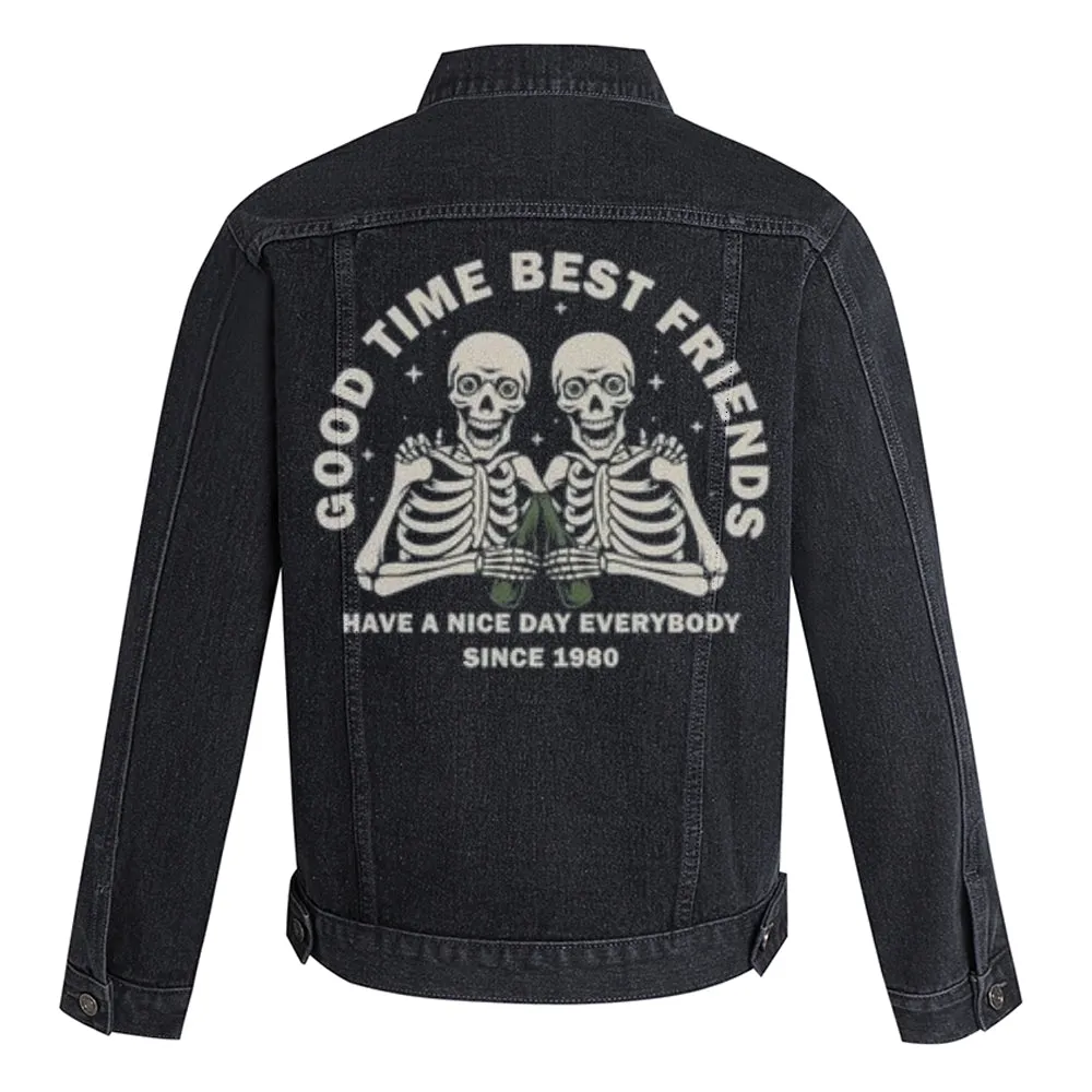 Mens Vintage GOOD TIME BEST FRIENDS Skull Graphic Denim Jacket