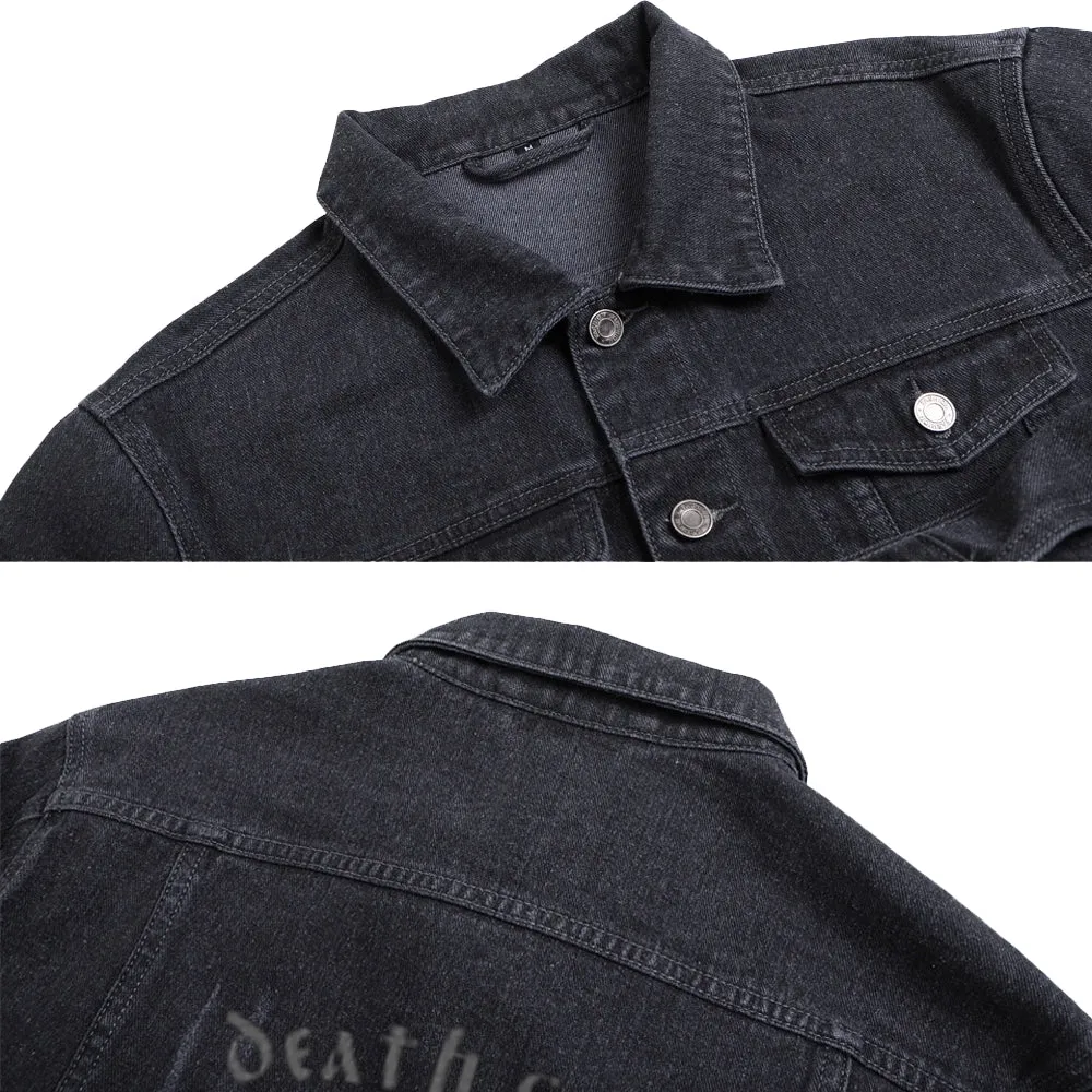 Mens Vintage Gothic Death Style Graphic Button Up Denim Jacket