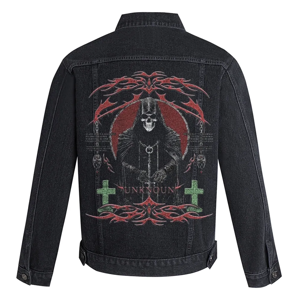 Mens Vintage Gothic Grunge Death Graphic Button Up Denim Jacket