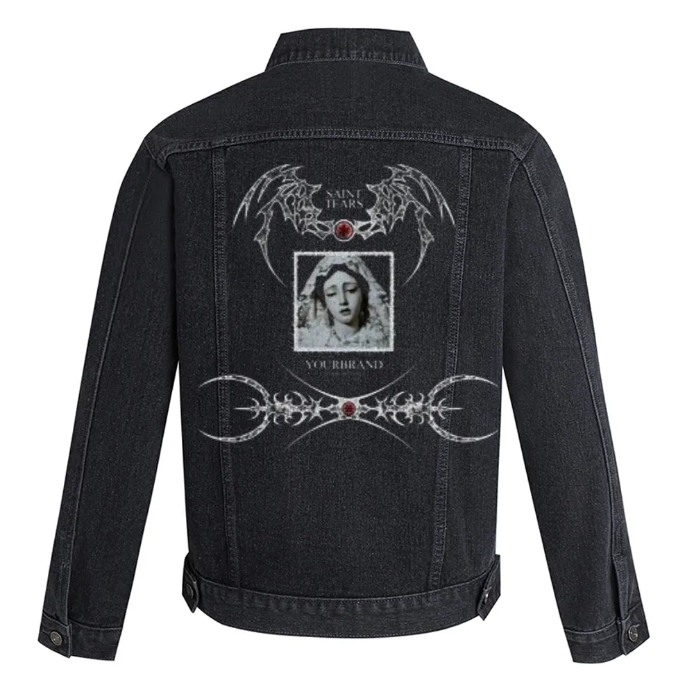 Mens Vintage Gothic Grunge Nun Graphic Button Up Denim Jacket