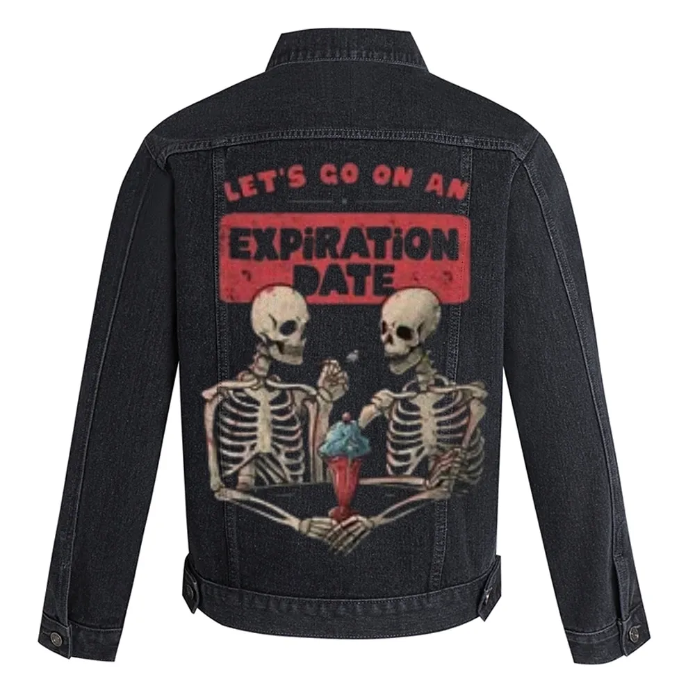 Mens Vintage LET'S GO ON AN EXPIRATION DATE Skull Graphic Denim Jacket