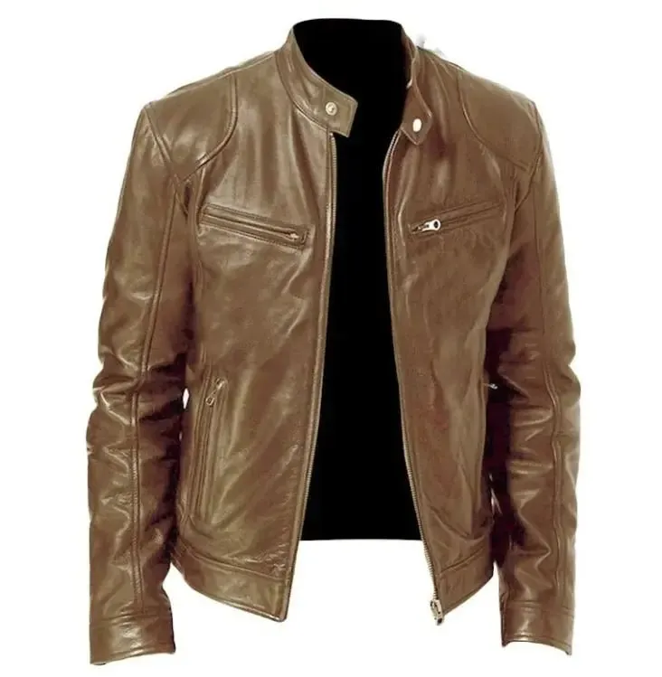 Men's Zip Cardigan PU Leather Jacket With Stand Collar