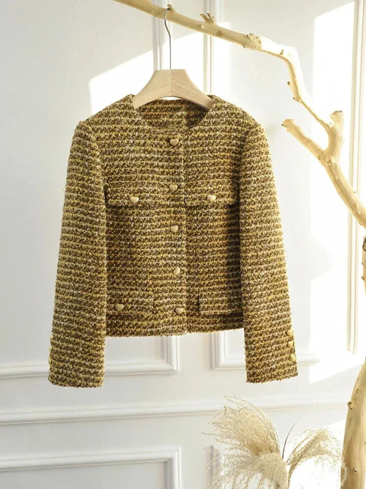 Metaversmall Elegant Retro Women's Gold Short Woolen Coat Autumn Winter Korean Fashion Tweed Coat Perfect Female OL Outwear Wool Jacket